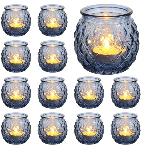Lot de 12 photophores en verre - Style vintage - Pour mariage, fête d'anniversaire, décoration de table (bleu)