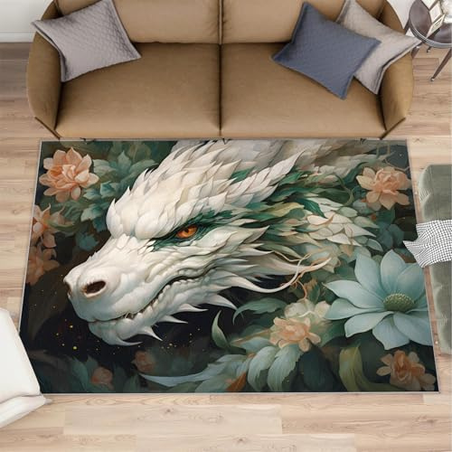 HYGIUID Epic Dragon Fußmatte – 60 x 90 cm Flying Wyrm Küchenteppich, Floral Drake Indoor Badezimmer Outdoor Fußmatte Waschbar für Flur Korridor Schlafzimmer Nachttisch