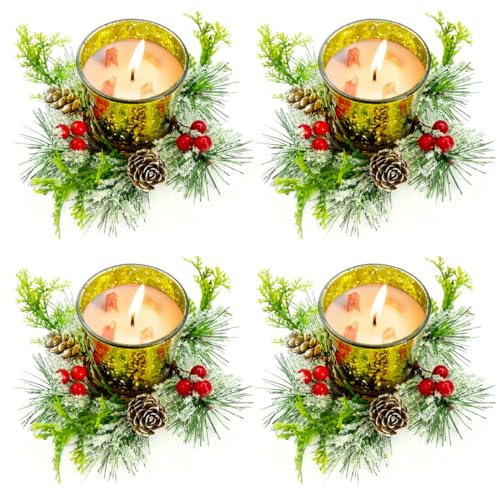 Yuragim Teelichthalter Weihnachten Windlicht Glas Kerzenhalter, 4er Set Teelichtgläser Teelichtglas Kerzengläser Votivkerzenhalter mit Roten Beeren Tannenzapfen für Advent Weihnachten Tischdekoration