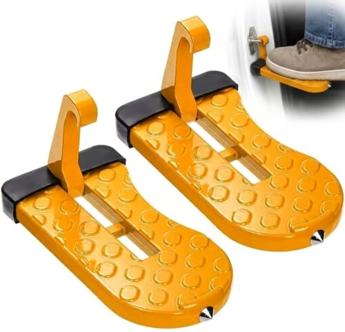 SHYSBV 2 Pack Car Door Pedal, Car doorstep Roof-Rack Foot Pedal Ladder | Aluminum Alloy Foldable Car Door Step with Glass Breaker, Portable Rooftop Accessories for SUV RV Truck Off-Road (Yellow)