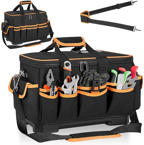 FREEAMG 14 Inch Open Mouth Tool Bag with Waterproof Hard Bottom, Multi-Pockets Tool Storage Organiser Bag with Adjustable Shoulder Strap, Heavy Duty Electrician Tool Bag for Home, Work, DIY
