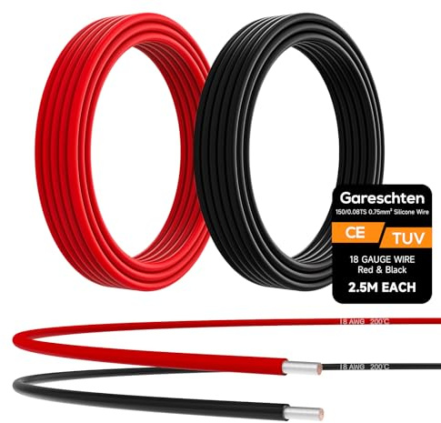 18 AWG Electrical Wire 2x2.5m Soft Silicone Tinned Copper Wire (Red & Black) - Low Impedance, High Temp Resistant Stranded Copper Cable for DIY, Toys, RC Models, Drones & Industrial Applications