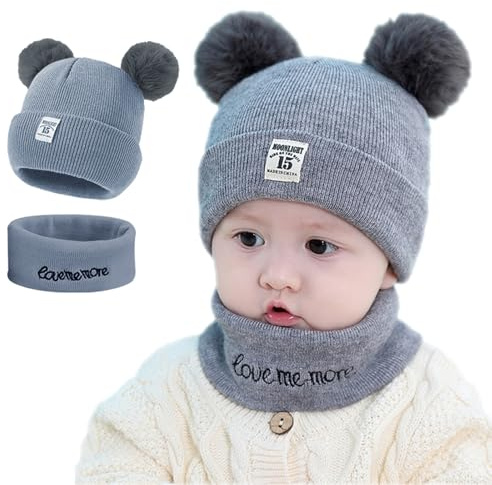 KASESSS Neugeborenes Baby Mütze Schal Set, Beanie Kinder, Babymütze mit Doppelte Pompoms, Warme Weiche Schlupfmütze Baby, Wintermütze Halswärmer Dehnbare für 0-24 Monate alt Babys Jungen Mädchen Grau