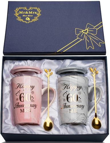 YIKILYLIFE 60th Wedding Anniversary GIF-ts, Diamond Wedding Anniversary GIF-ts, 2PCS Happy 60th Anniversar-y Gift Mr Mrs Gifts Diamond Anniversar-y Gifts for Couples Parents, Marble Ceramic Cups 14oz