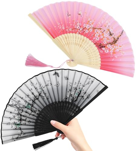 2-Pack Vintage Handheld Folding Fans, Chinese Silk & Bamboo Hand Fan Folding, Portable Folding Fan with Tassel for Wedding, Party, Cosplay & Gifts, Black and Pink