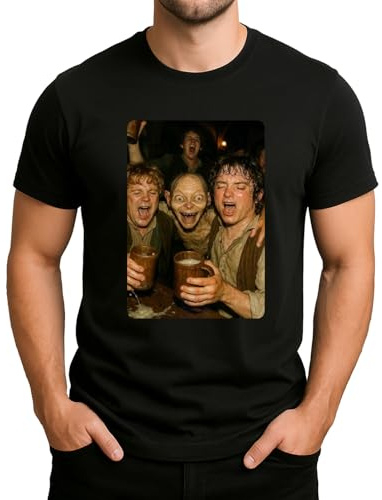 Herr der Ringe Tavernen Szene mit Gollum Frodo Sam – betrunkene Hobbit Freunde beim Feiern mit Bier Herren T-Shirt
