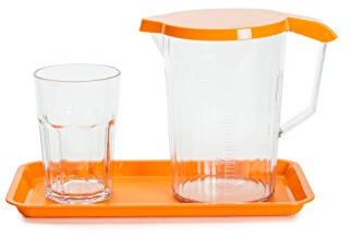 Harfield Orange Bedside Locker Set - Graduated Jug with Lid, Tumbler & Small Tray - Reusable Virtually Unbreakable Polycarbonate Plastic
