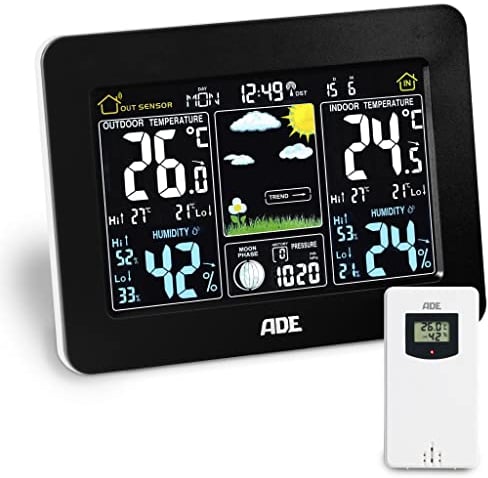 ADE Wetterstation WS1503 mit Funk und Außensensor. Anzeige von Wetter, Temperatur, Luftdruck und Luftfeuchtigkeit. Mit Funkuhr und Wecker. Thermometer und Hygrometer für Innen und Außen. Schwarz