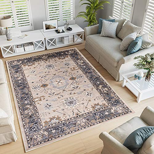 TAPISO Colorado Teppich Kurzflor Beige Creme Mosaik Rahmen 180 x 250 cm | strapzierfähiger Teppich Wohnzimmer Klassisch Orientalisch Ornament Muster Orientteppich OEKO-TEX