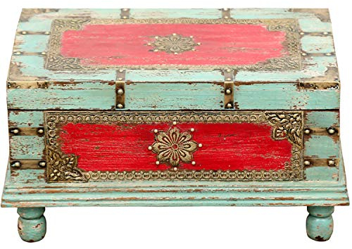 Orientalische Truhe Kiste aus Holz Arjuna Rot - 47cm groß | Vintage Sitzbank mit Aufbewahrung für den Flur | Aufbewahrungsbox mit Deckel im Bad | Betttruhe als Kissenbox oder Deko im Schlafzimmer