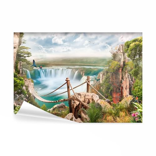 decomonkey - Papier Peint Panoramique Enfants Cascade Chute d'eau 350x256 cm - Décoration murale – Tapisserie pour salon - Pierre prairie forêt pont ciel paysage oiseaux rivière eau cascade