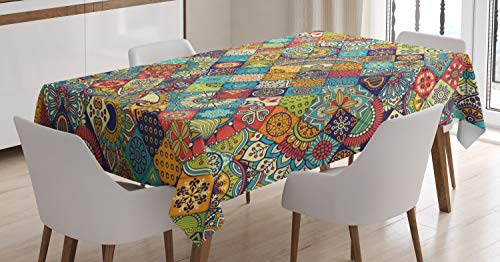 ABAKUHAUS Bohemien Tischdecke, Checkered Folk, Wasserfest Waschbar mit Klar Sichtbaren Farben kein Verblassen Personalisiert, 140 x 200 cm, Teal Rot Orange