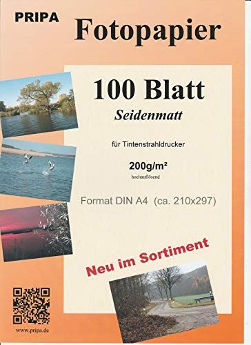 pripa Fotopapier A4-100 Blatt seidenmatt seidenglanz satin, 200g/m² fuer Tintenstrahl - InkJet Drucker