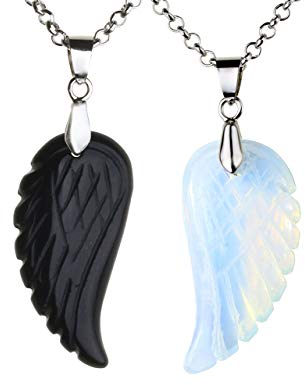 JSDDE Schmuck, 2 Stück Flügel Anhänger Halskette Set Anhänger aus Edelstein Heilstein Glücksbringer Paare Pärchen Kette für Liebhaber Geschenk (Opal+Obsidian)