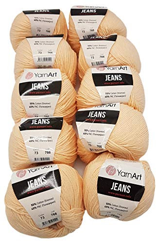Ilkadim 10 x 50g Strickwolle YarnArt Jeans einfarbig mit 55% Baumwolle, 500 Gramm Wolle Uni (apricot 73)