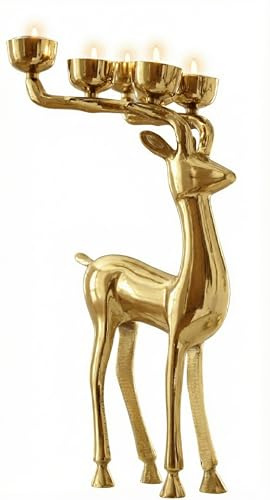 My Flair Rentier Teelichthalter Gold – Hirsch Kerzenhalter Weihnachten | Eleganter Hirsch mit 5 Teelichthaltern in den Geweihen – H: 34 cm, B: 18 cm, T: 18 cm, 1,24 kg