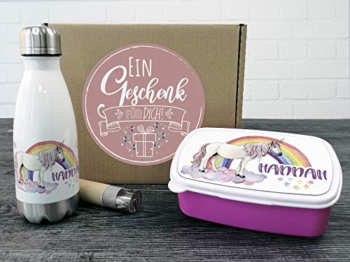 GRAZDesign Brotdose und Trinkflasche Mädchen Einhorn mit Namen personalisiert mit Trennwand Edelstahl 350ml Geschenk zur Einschulung, Kindergarten Start