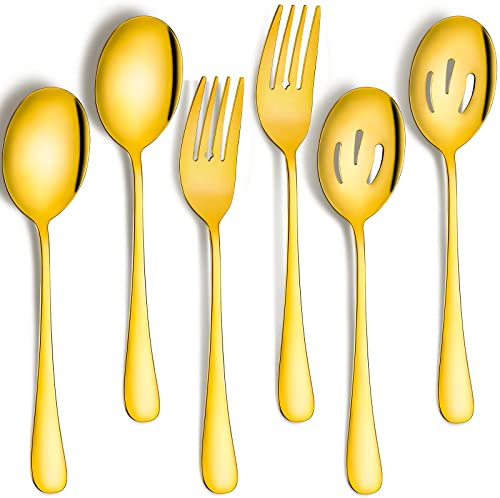 6 Pieces Serving Spoons Set, Slotted Spoon, Serving Fork, Perforated Serving Spoon, Stainless Steel Serving Utensils, Wide Buffet Spoon (Gold)