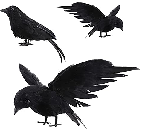 NIUXICH 3 realistische schwarze Feathered Crow Vogel, 30,5 cm, lebensecht, lebensgroß, handgefertigt, Rabe für Halloween, Kostüm, Dekoration, Party, Outdoor, Indoor