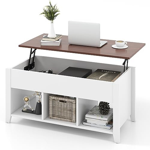 GIANTEX Mesa de Centro con Tablero Elevable, Mesa de Salón con Compartimento Oculto y 3 Cubos Abiertos, 104,5 x 49,5 x 48,5-61 cm, para Comer, Juego, Trabajo (Nogal+Blanco)