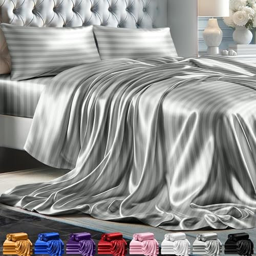 DECOLURE Gestreifte Satin-Bettlaken, komplettes Set, 4-teilig, luxuriöses Seiden-Touch-Satin-Bettlaken, ganzjährig, seidig weich, volle Größe, graue Satin-Bettlaken, komplettes Set mit tiefer Tasche