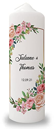 GRAVURZEILE Bedruckte Kerze - Floral Golden Design - Personalisiert mit Namen, Datum & Wunschtext - Geschenk für Paare zur Hochzeit zum Valentinstag - Hochwertige Stumpenkerze Weiß 250/80 mm