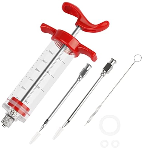 Yuepin Plastic Meat Injector Syringe Kit, 1-oz Food Seasoning Syringe with 2 Stainless Steel Needles,1 Needles Cleaner and 3 Spare O-Rings for Meats, Turkey, Brisket