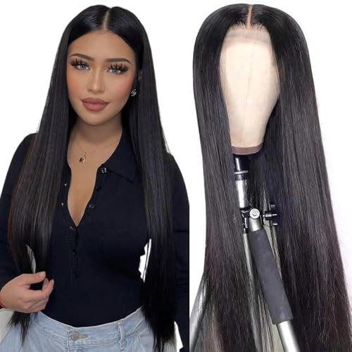 Style Icon Echthaar Perücke Damen Perücke Schwarz Human Hair Wigs frei Scheitel 4x4 Lace Front Wigs glatt Haar brasilianisches Virgin Remy Hair 150% Dichte (18 Inch, NATURAL)