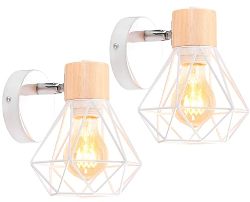 iDEGU 2 Pezzi Lampada da Parete Vintage 16CM Applique da Parete in Legno Metallo Design Gabbia Industriale E27 Illuminazione Interni Lampada a Muro per Camera da Letto Soggiorno (Tipo-B Bianco)