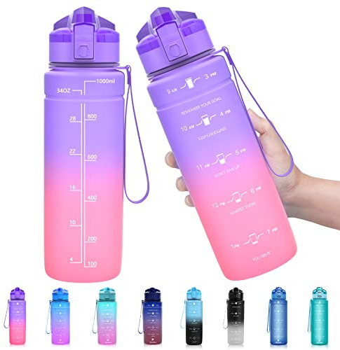 Zounich Sports Water Bottle Kids with Times to Drink Leakproof 1L / 700ml / 500ml 1Litre Drink Bottles BPA Free Motivational Adults, Gym, School, Running, Travel, Girls, Boys Filter Reusable