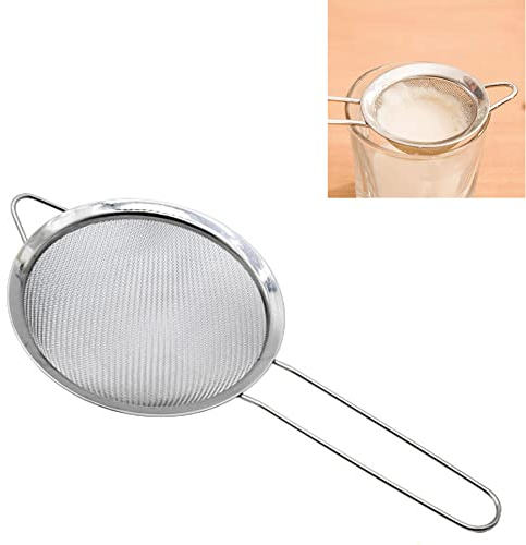 Food Strainers Fine Mesh Sieve with Long Handle Kitchen Colander Filter No Sharp Edges for Tea Coffee Flour and Powder (18cm Stainless Steel Strainer)