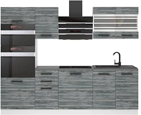 Belini Küchenzeile Küchenblock Tracy - Küchenmöbel 240 cm Einbauküche Vollausstattung ohne Elektrogeräten mit Hängeschränke und Unterschränke, ohne Arbeitsplatten, Glamour Wood