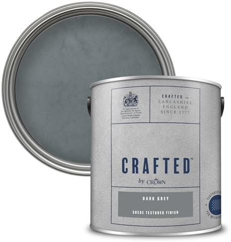 Crown CRAFTED Suede Dark Grey Paint for Walls & Ceilings 2.5L | True Dark Grey luxurious suede textured finish, great feature wall paint. Soft to touch, hides flaws, natural brushed effect