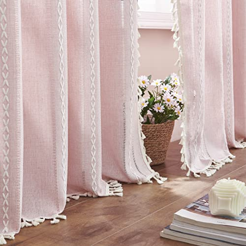 Leinen-Vorhänge im Boho-Stil, Bestickt, für Mädchenzimmer und Kinderzimmer, 213,4 cm lang, 2 Stoffbahnen, lichtfilternde Bauernhaus-Vorhänge, 132,1 x 213,4 cm, Rosa