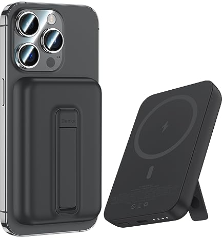 BENKS Magsafe Powerbank 6000mAh, Magnetische Kabellose Powerbank mit Faltbarem Ständer, Mini Power Bank Akku mit USB C Kabel, Externe MagSafe Batterie für iPhone 15/14/13/12 Serie, Schwarz
