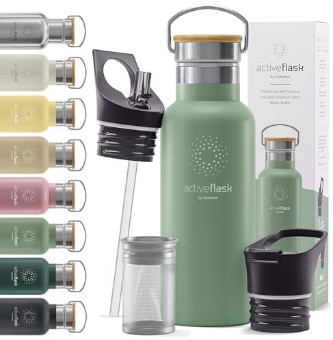 Trinkflasche Edelstahl mit Strohhalm, Infuser + 3 Deckel: BPA-frei, Auslaufsicher, Kohlensäure geeignet - Wasserflasche Fahrrad Thermosflasche Isoliert Isolierflasche Sport Wasser Flasche Kinder Tee