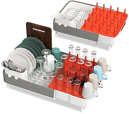 GIANTEX Escurreplatos extensible de 44 a 52,5 cm, con soporte extraíble para cubiertos y soporte para tazas, acero inoxidable, escurridor giratorio