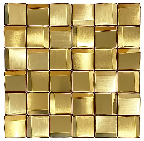 Parrotile Gold Wall Backsplash Tile 3D Wall Panels Metal Mosaic Sheets Mesh Mounted Golden Tile Design for Backsplash Wall Metal Tile for Hotel Lobby Bar Restaurant Remolding [Box of 5 Sheets]