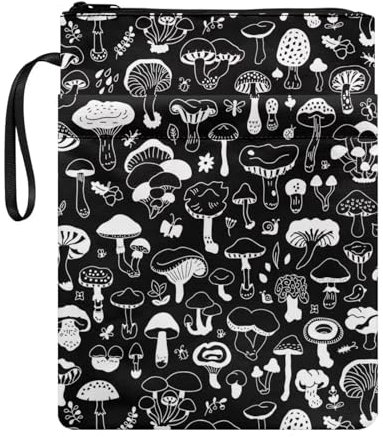 NETILGEN Pilz Schwarz Weiß Buchschutz Tasche Hülle mit Reißverschluss für Frauen Männer Kinder Waschbar Buchhüllen für Buchliebhaber Taschenbücher Hardcover Notebook Bibel Journal Lehrbücher