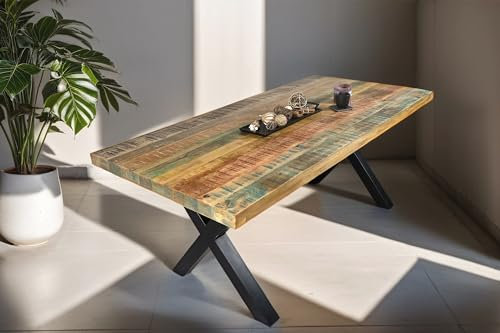 SAM Esstisch 180 x 90 cm Libro, Mangoholz massiv, lackiert & bunt, Esszimmertisch mit X-Metallgestell in Schwarz, gerade Kante, Shabby Chic
