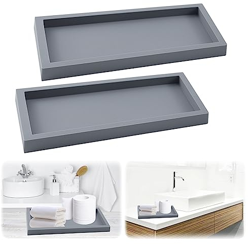 2Pcs Bathroom Tray, Bathroom Tray Organiser Toilet Tank Storage Tray Silicone Vanity Tray Rectangular Plate Tray Countertop Organizer for Counter Decor Dresser Tops (Grey, 30 * 12.5 * 1.8CM)
