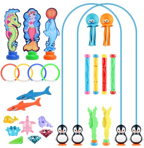 Olycism 26pcs Jouets de Plongée Piscine pour Enfants Jouet Piscine Enfant avec Anneaux Piscine Bâtons plongés Torpilles plongés Gemstones Seaweed pour Jeux Piscine Enfant Jeux de Plongée Enfant
