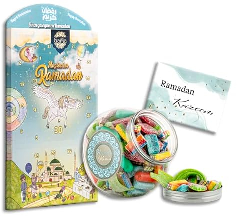 Ramadan Mubarak | halal mix Fruchtgummi 1kg | Ramadan Kalender 2024 | 3er Sets Glückwunschkarte | Sprache Wählbar (Deutsch Postkarten)