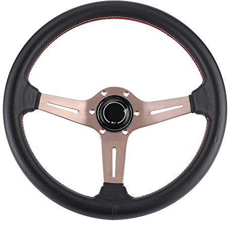 XTevu Volante auto racing 6 bulloni, stile sportivo in pelle traforata nera con clacson, modifica interni Compatibile con auto da corsa