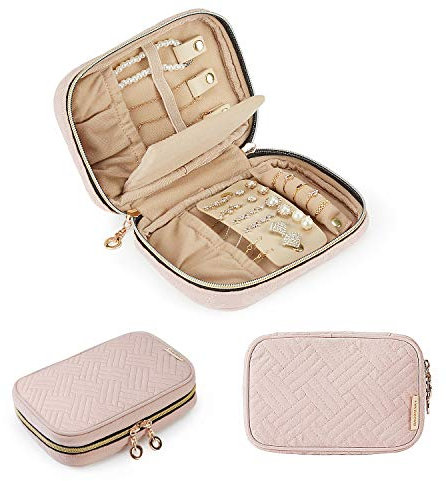 bagsmart Small Travel Jewellery Organiser Box Foldable Jewelry Case, Jewelry Storage Bag for Journey-Rings, Necklaces, Bracelets, Earrings (Pink)