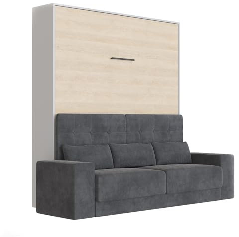 SMARTBett Schrankbett mit Anthrazit Sofa M1 160x200 Vertikal Perlgrau/Kaiserberg Eiche