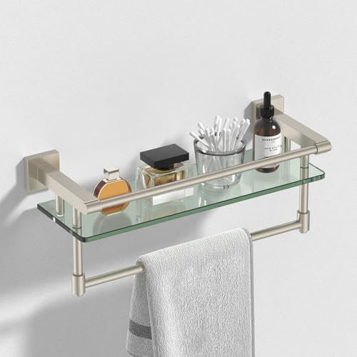 SFGSOWOR 16 inch Glass Shelf with Towel Bar, Glass Shelves Brushed Nickel Finish Railing Rectangular Tempered Glass Stainless Steel Glass Shelves Wall Mount Organizer