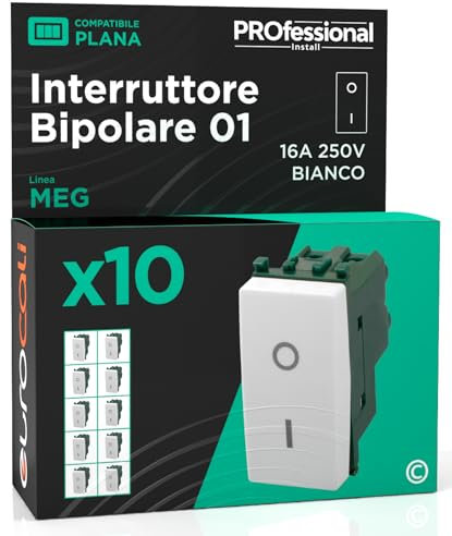 Interruttore Bipolare di Corrente 16A 250V I/O Compatibile con Vimar Plana a Incasso da Muro Frutti Elettrici Colore Bianco - Confezione da 10