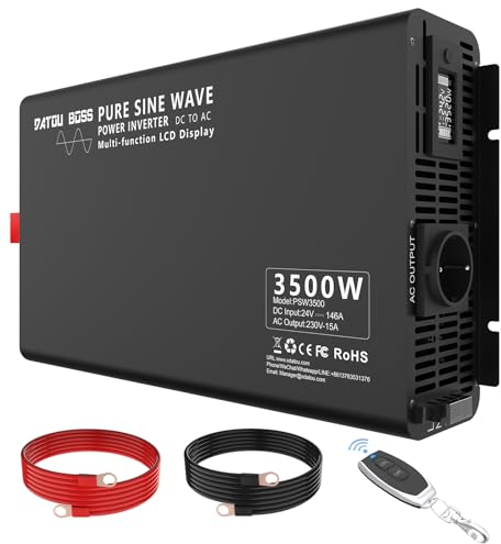 DATOUBOSS Inversor 24v 220v/230v Onda Pura 3500W/7000W, Transformador 24v a 220v Camion con Mando a Distancia, Enchufe Europeo, Pantalla LCD, inversor para Coche, camión, Camping, Emergencia