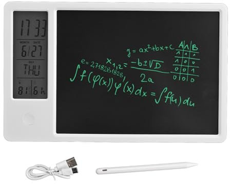 Tableta de Escritura LCD, Resistente Almohadilla de Escritura Manual de 10 Pulgadas, Tablero Electrónico Borrable Recargable con Calendario de Reloj Digital para Oficina, (White)